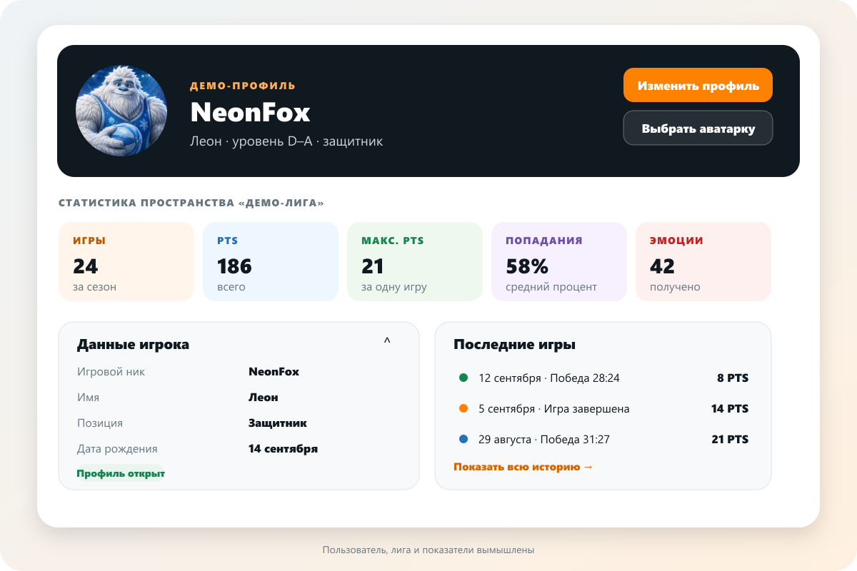 Пример карточки профиля вымышленного игрока NeonFox